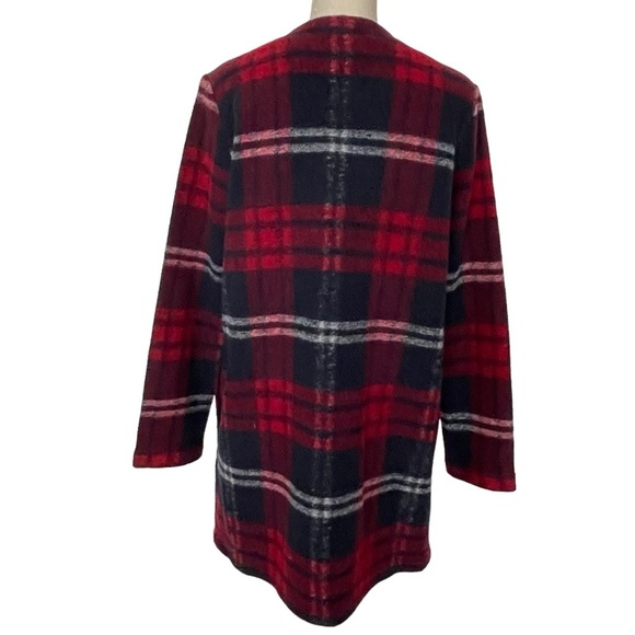 Max Studio Wool Blend Plaid Open Front Coat Women’s Size S Red Navy Pockets - Picture 5 of 7